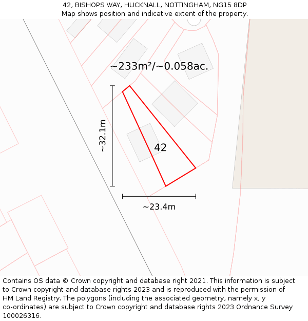 42, BISHOPS WAY, HUCKNALL, NOTTINGHAM, NG15 8DP: Plot and title map