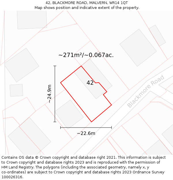 42, BLACKMORE ROAD, MALVERN, WR14 1QT: Plot and title map