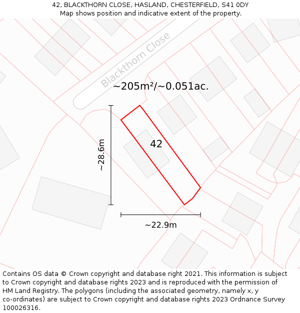 42, BLACKTHORN CLOSE, HASLAND, CHESTERFIELD, S41 0DY: Plot and title map