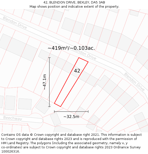 42, BLENDON DRIVE, BEXLEY, DA5 3AB: Plot and title map