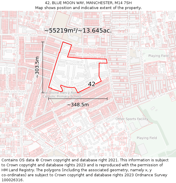 42, BLUE MOON WAY, MANCHESTER, M14 7SH: Plot and title map