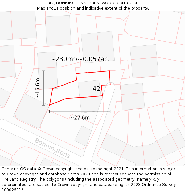 42, BONNINGTONS, BRENTWOOD, CM13 2TN: Plot and title map