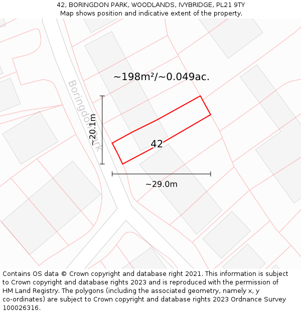 42, BORINGDON PARK, WOODLANDS, IVYBRIDGE, PL21 9TY: Plot and title map