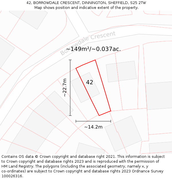 42, BORROWDALE CRESCENT, DINNINGTON, SHEFFIELD, S25 2TW: Plot and title map