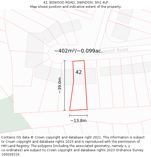 42, BOWOOD ROAD, SWINDON, SN1 4LP: Plot and title map