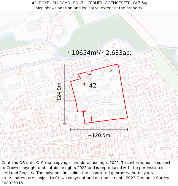 42, BOXBUSH ROAD, SOUTH CERNEY, CIRENCESTER, GL7 5XJ: Plot and title map