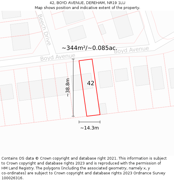 42, BOYD AVENUE, DEREHAM, NR19 1LU: Plot and title map