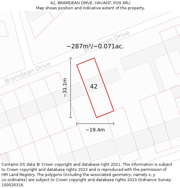 42, BRAMDEAN DRIVE, HAVANT, PO9 4RU: Plot and title map