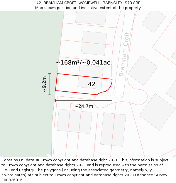 42, BRAMHAM CROFT, WOMBWELL, BARNSLEY, S73 8BE: Plot and title map