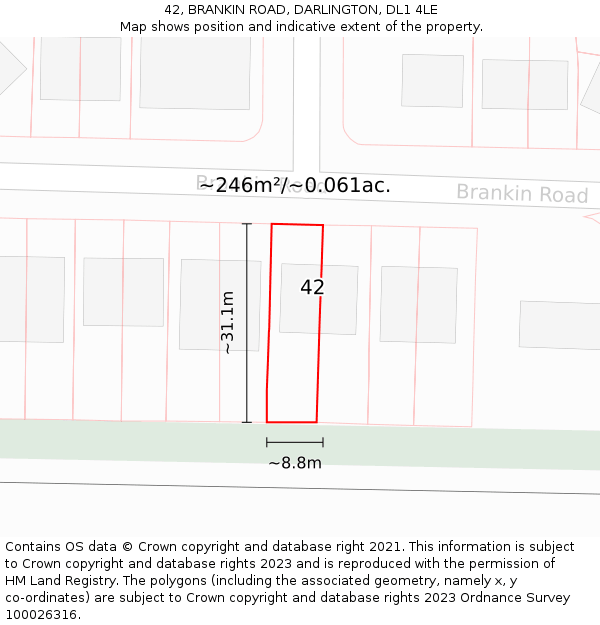 42, BRANKIN ROAD, DARLINGTON, DL1 4LE: Plot and title map