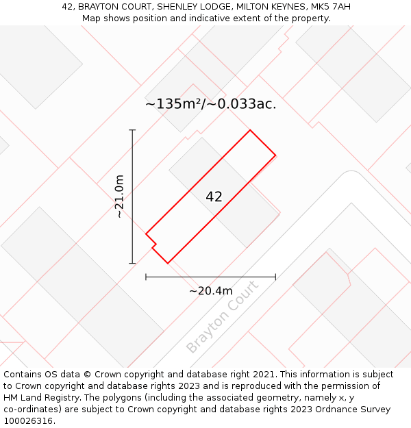 42, BRAYTON COURT, SHENLEY LODGE, MILTON KEYNES, MK5 7AH: Plot and title map