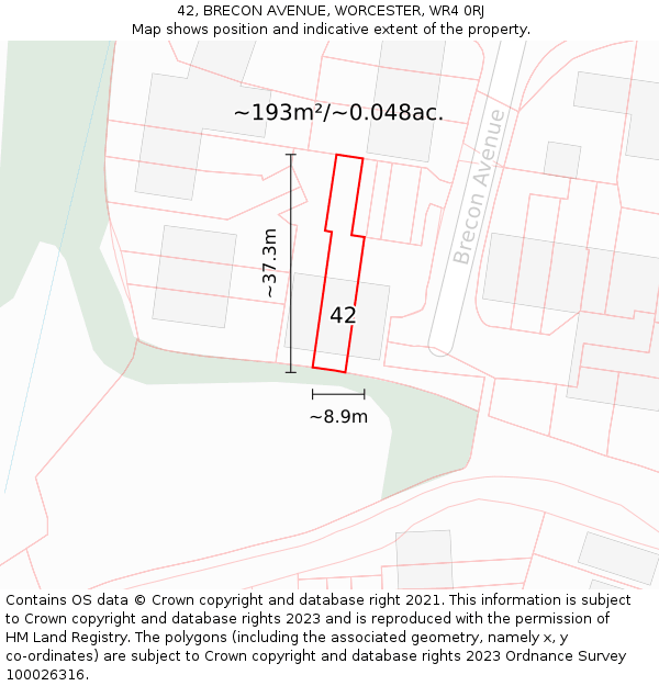 42, BRECON AVENUE, WORCESTER, WR4 0RJ: Plot and title map