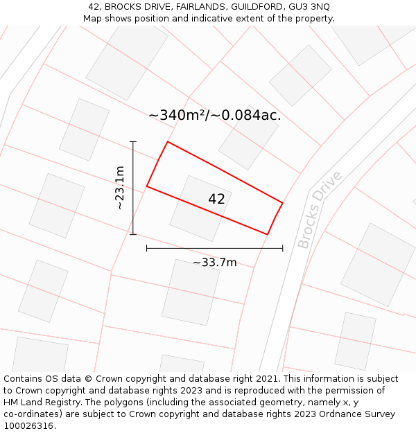 42, BROCKS DRIVE, FAIRLANDS, GUILDFORD, GU3 3NQ: Plot and title map