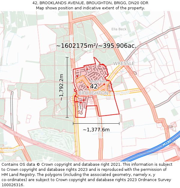 42, BROOKLANDS AVENUE, BROUGHTON, BRIGG, DN20 0DR: Plot and title map