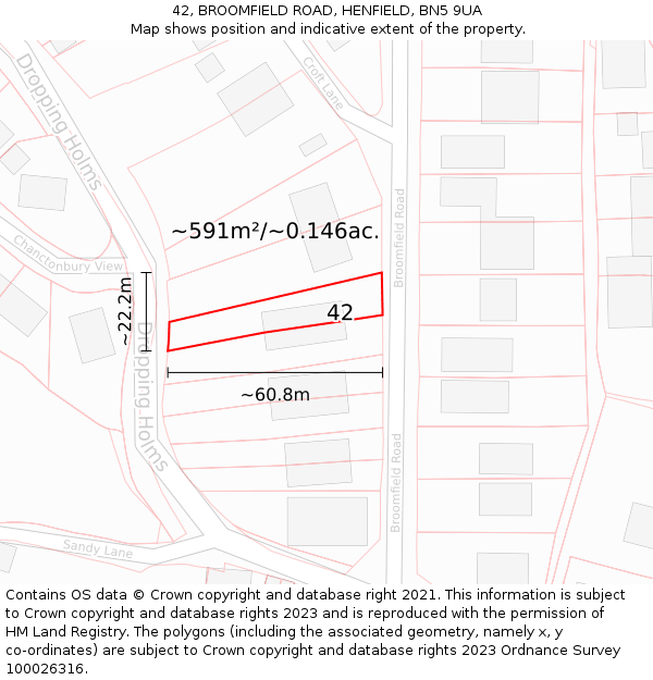 42, BROOMFIELD ROAD, HENFIELD, BN5 9UA: Plot and title map