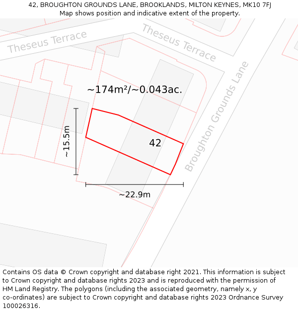 42, BROUGHTON GROUNDS LANE, BROOKLANDS, MILTON KEYNES, MK10 7FJ: Plot and title map