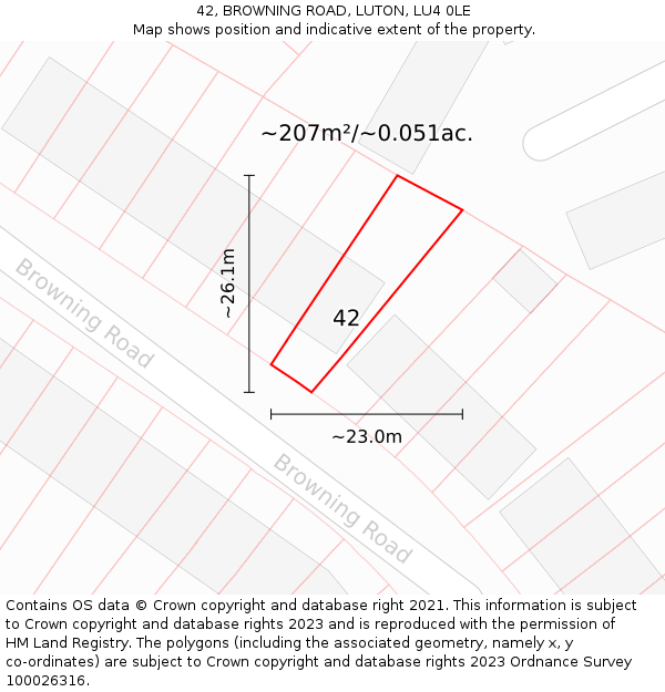 42, BROWNING ROAD, LUTON, LU4 0LE: Plot and title map