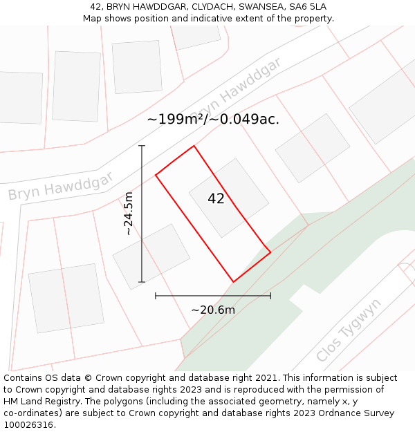 42, BRYN HAWDDGAR, CLYDACH, SWANSEA, SA6 5LA: Plot and title map