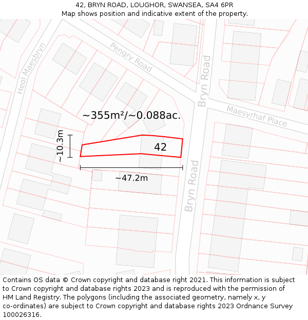 42, BRYN ROAD, LOUGHOR, SWANSEA, SA4 6PR: Plot and title map