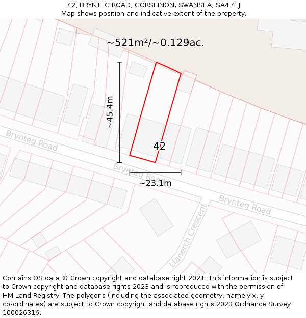 42, BRYNTEG ROAD, GORSEINON, SWANSEA, SA4 4FJ: Plot and title map