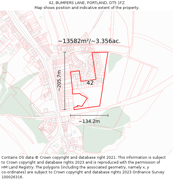 42, BUMPERS LANE, PORTLAND, DT5 1FZ: Plot and title map