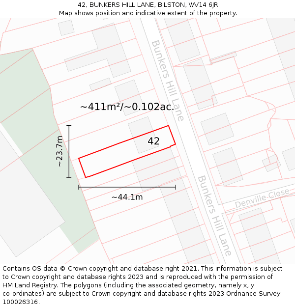 42, BUNKERS HILL LANE, BILSTON, WV14 6JR: Plot and title map