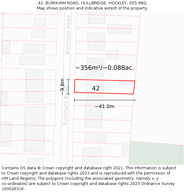 42, BURNHAM ROAD, HULLBRIDGE, HOCKLEY, SS5 6BQ: Plot and title map