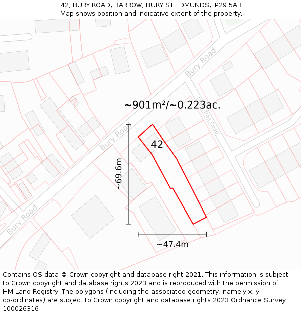 42, BURY ROAD, BARROW, BURY ST EDMUNDS, IP29 5AB: Plot and title map