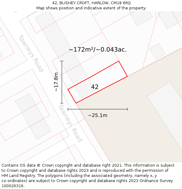 42, BUSHEY CROFT, HARLOW, CM18 6RQ: Plot and title map