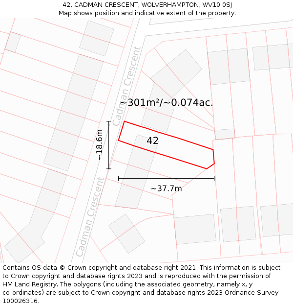 42, CADMAN CRESCENT, WOLVERHAMPTON, WV10 0SJ: Plot and title map