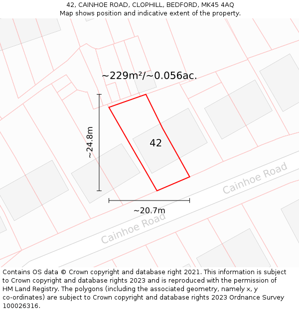 42, CAINHOE ROAD, CLOPHILL, BEDFORD, MK45 4AQ: Plot and title map