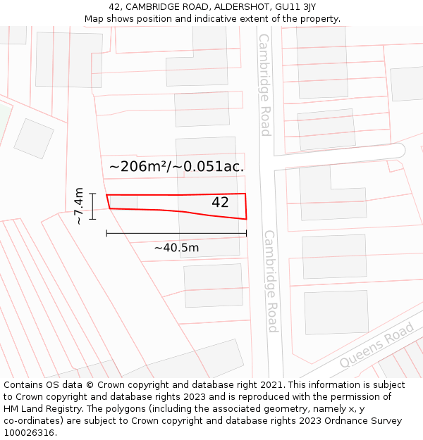 42, CAMBRIDGE ROAD, ALDERSHOT, GU11 3JY: Plot and title map