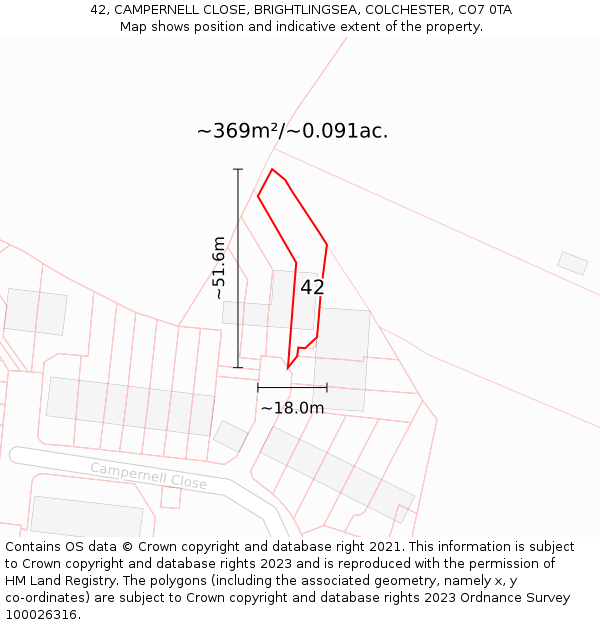 42, CAMPERNELL CLOSE, BRIGHTLINGSEA, COLCHESTER, CO7 0TA: Plot and title map