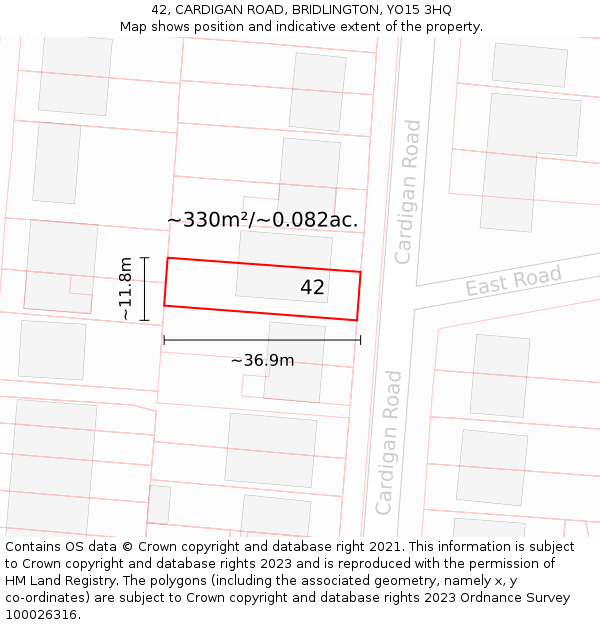 42, CARDIGAN ROAD, BRIDLINGTON, YO15 3HQ: Plot and title map