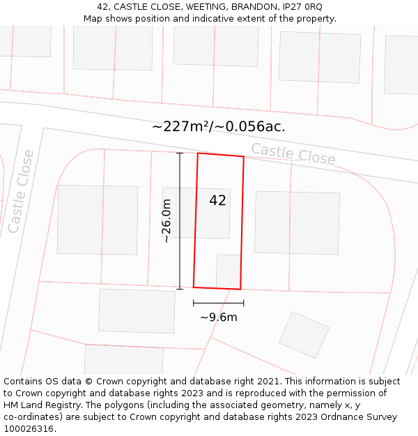 42, CASTLE CLOSE, WEETING, BRANDON, IP27 0RQ: Plot and title map