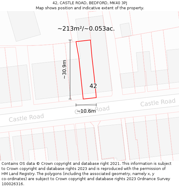 42, CASTLE ROAD, BEDFORD, MK40 3PJ: Plot and title map