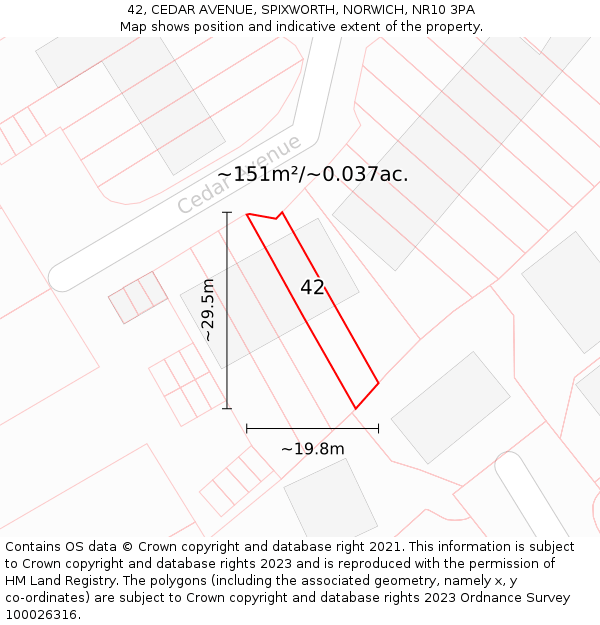 42, CEDAR AVENUE, SPIXWORTH, NORWICH, NR10 3PA: Plot and title map