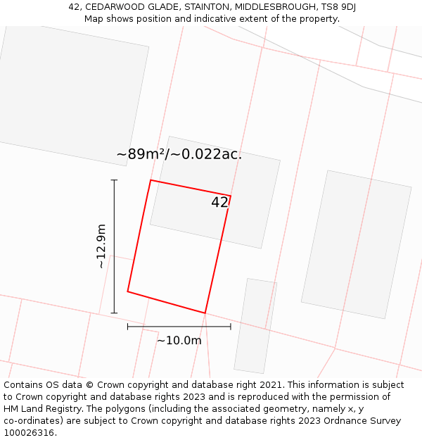 42, CEDARWOOD GLADE, STAINTON, MIDDLESBROUGH, TS8 9DJ: Plot and title map