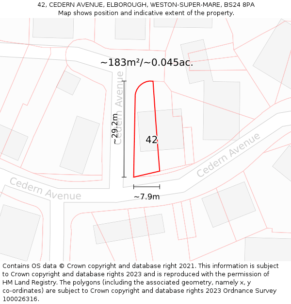 42, CEDERN AVENUE, ELBOROUGH, WESTON-SUPER-MARE, BS24 8PA: Plot and title map