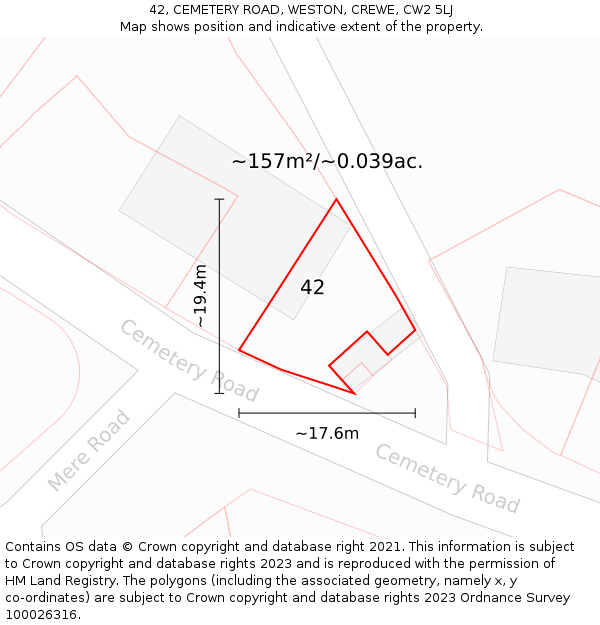 42, CEMETERY ROAD, WESTON, CREWE, CW2 5LJ: Plot and title map