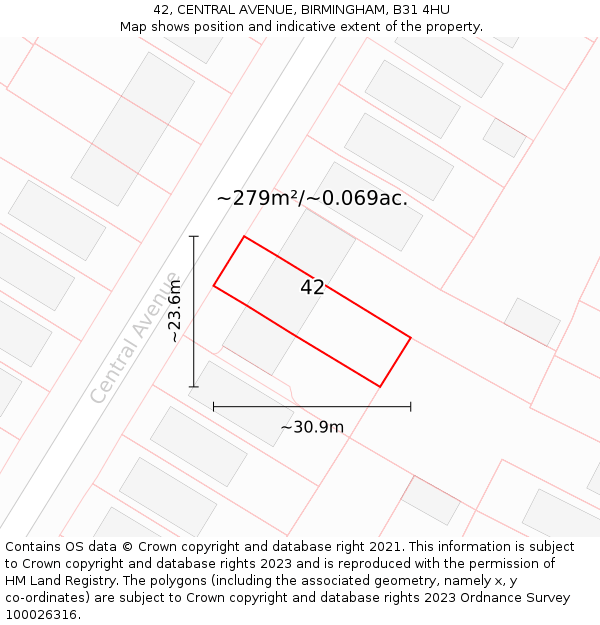 42, CENTRAL AVENUE, BIRMINGHAM, B31 4HU: Plot and title map