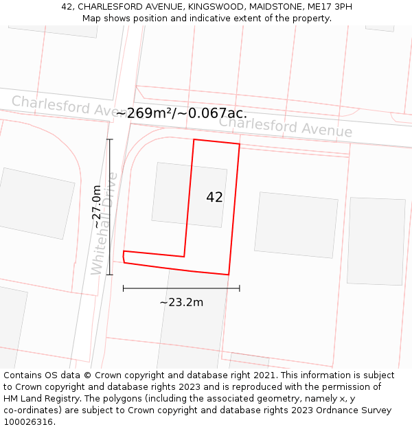 42, CHARLESFORD AVENUE, KINGSWOOD, MAIDSTONE, ME17 3PH: Plot and title map