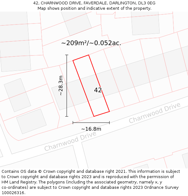 42, CHARNWOOD DRIVE, FAVERDALE, DARLINGTON, DL3 0EG: Plot and title map