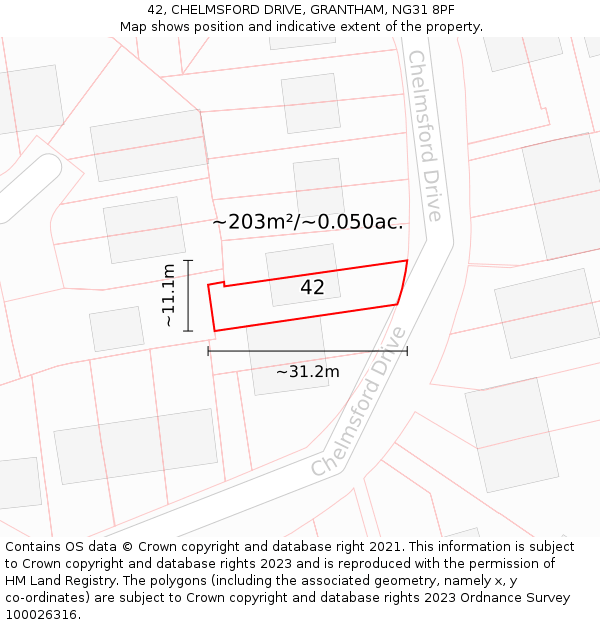 42, CHELMSFORD DRIVE, GRANTHAM, NG31 8PF: Plot and title map