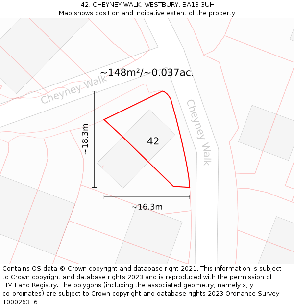 42, CHEYNEY WALK, WESTBURY, BA13 3UH: Plot and title map