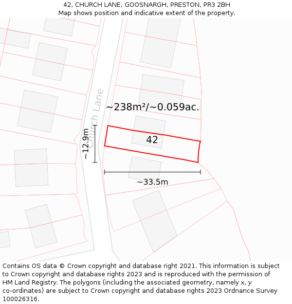 42, CHURCH LANE, GOOSNARGH, PRESTON, PR3 2BH: Plot and title map