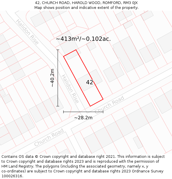 42, CHURCH ROAD, HAROLD WOOD, ROMFORD, RM3 0JX: Plot and title map