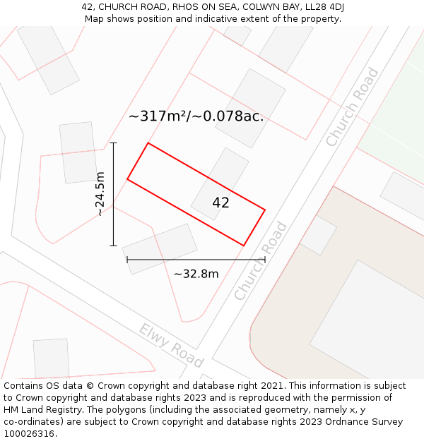 42, CHURCH ROAD, RHOS ON SEA, COLWYN BAY, LL28 4DJ: Plot and title map