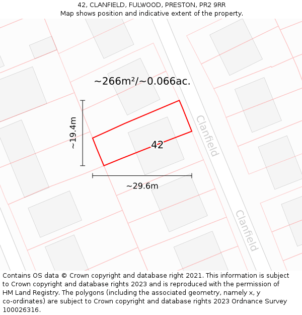 42, CLANFIELD, FULWOOD, PRESTON, PR2 9RR: Plot and title map