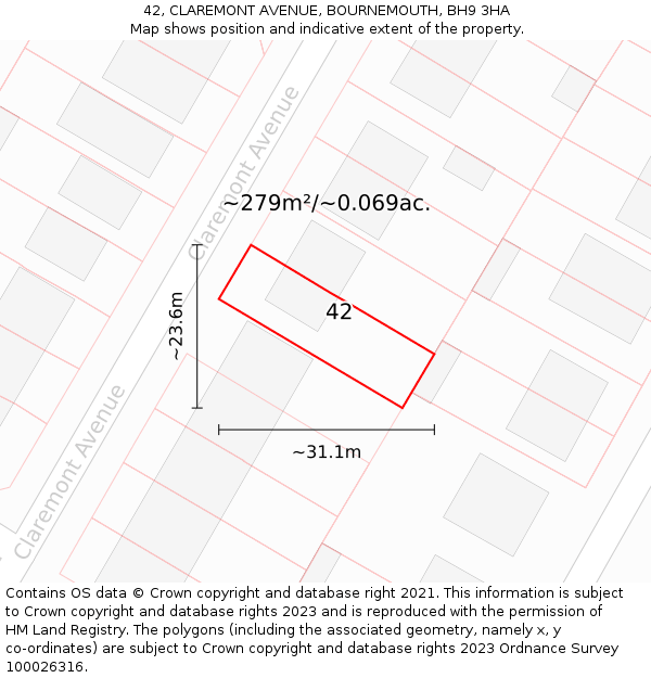 42, CLAREMONT AVENUE, BOURNEMOUTH, BH9 3HA: Plot and title map